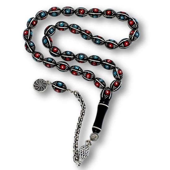 Firuze Mercan ve Gümüş İşlemeli Arpa Kesim Erzurum Oltu Taşı Tesbih