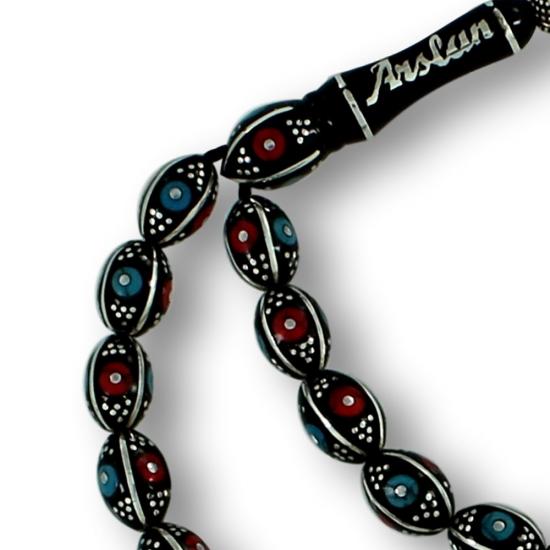 Firuze Mercan ve Gümüş İşlemeli Arpa Kesim Erzurum Oltu Taşı Tesbih