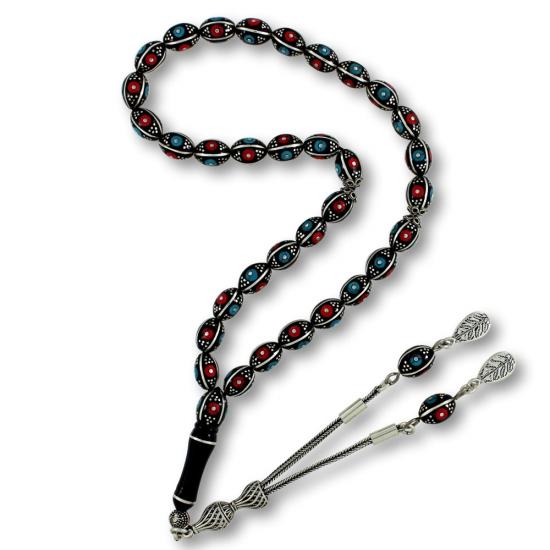 Firuze Mercan ve Gümüş İşlemeli Arpa Kesim Erzurum Oltu Taşı Tesbih