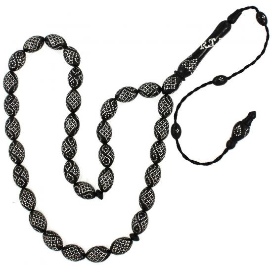 Sistemli Kumpaslı Gümüş İşlemeli Arpa Kesim Erzurum Oltu Taşı Tesbih