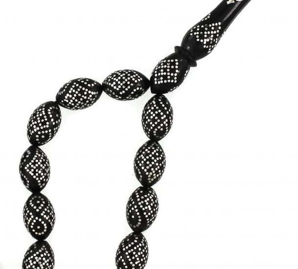 Sistemli Kumpaslı Gümüş İşlemeli Arpa Kesim Erzurum Oltu Taşı Tesbih