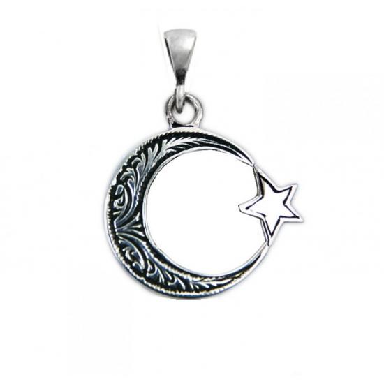 925 Ayar Erzurum El İşi Ay Yıldız Gümüş Kolye Ucu