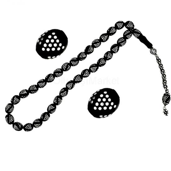 Piramit Gümüş İşlemeli Hakiki Erzurum Oltu Taşı Tesbih