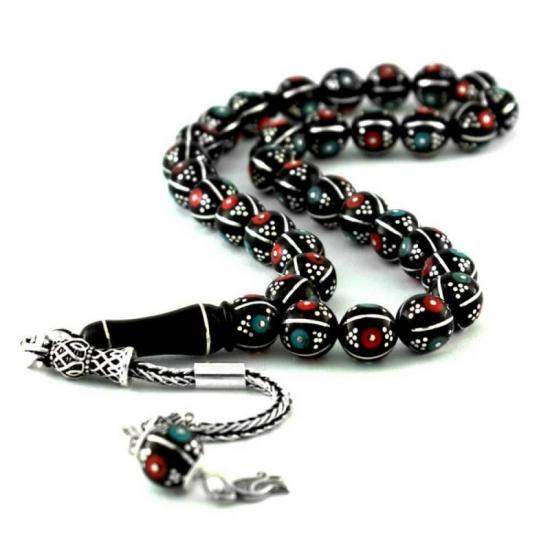 Firuze Mercan ve Gümüş İşlemeli Hakiki Erzurum Oltu Taşı Tesbih 