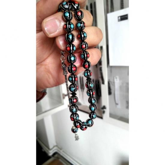 Firuze Mercan ve Gümüş İşlemeli Hakiki Erzurum Oltu Taşı Tesbih 