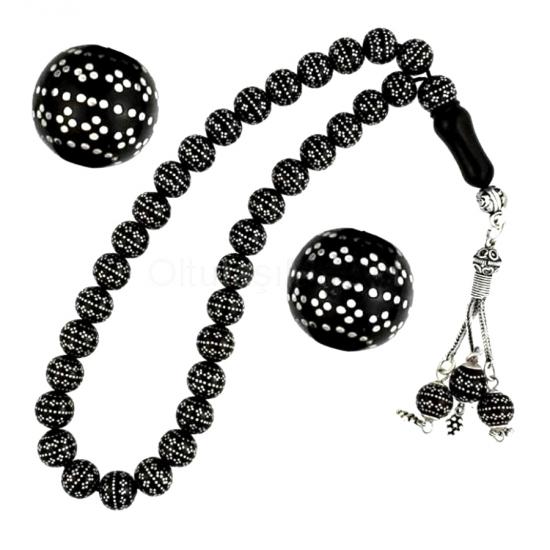 Yoğun Gümüş Kakma İşlemeli Hakiki Erzurum Oltu Taşı Tesbih