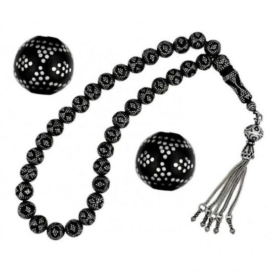 Yoğun Gümüş Kakma İşlemeli Hakiki Erzurum Oltu Taşı Tesbih