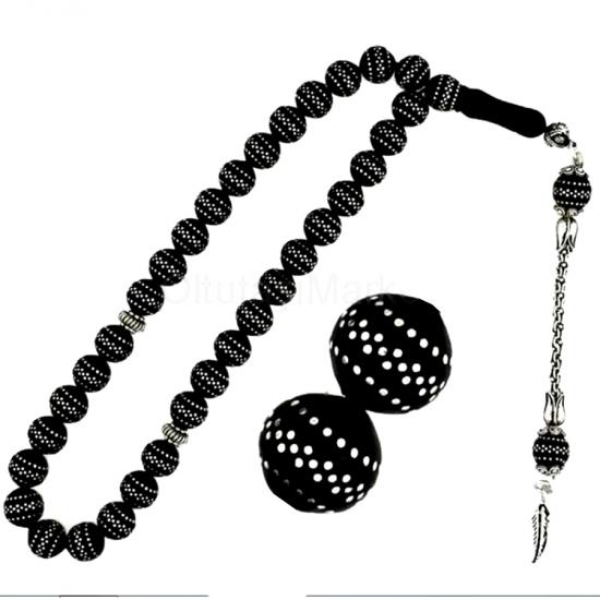 Yoğun Gümüş Kakma İşlemeli Hakiki Erzurum Oltu Taşı Tesbih