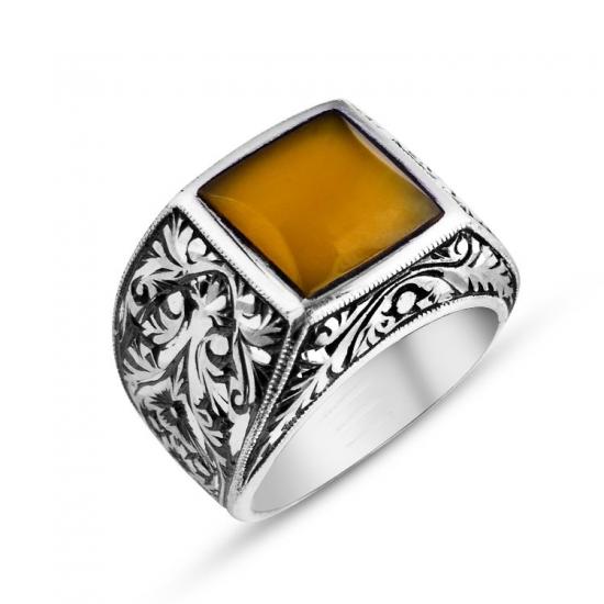 Sarı Kehribar Taşlı Kalemkar İşçiliği Gümüş Erkek Yüzüğü