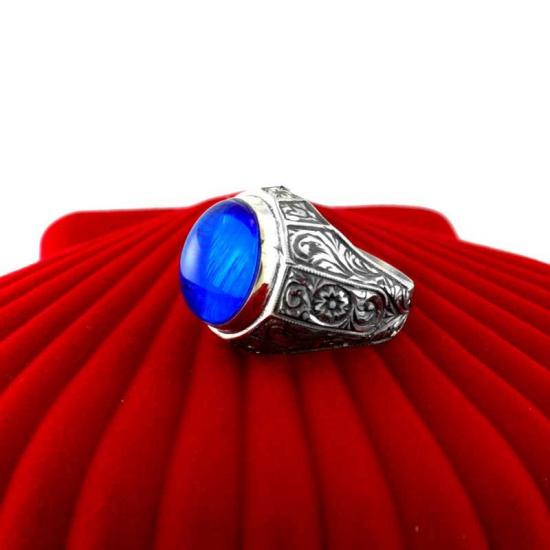 Aquamarine Renkli Kalemkar İşçiliği Gümüş Erkek Yüzüğü