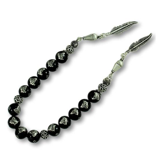 Tuğra Desenli Hakiki Erzurum Oltu Taşı Gümüş İşlemeli Zaza Tesbih