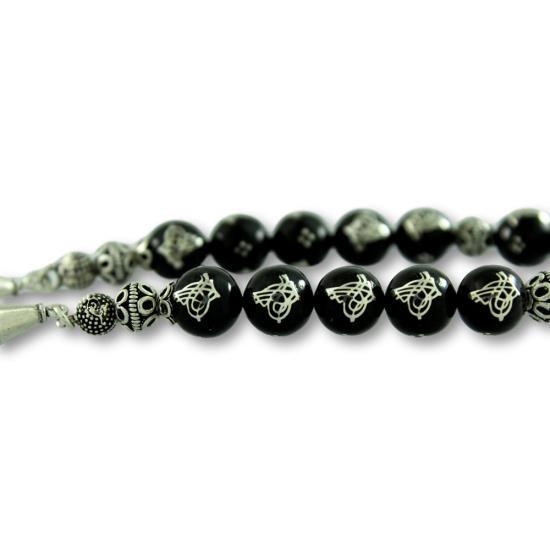 Tuğra Desenli Hakiki Erzurum Oltu Taşı Gümüş İşlemeli Zaza Tesbih