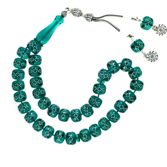 Gümüş Kakma İşlemeli Kesme Sıkma Kehribar Tesbih