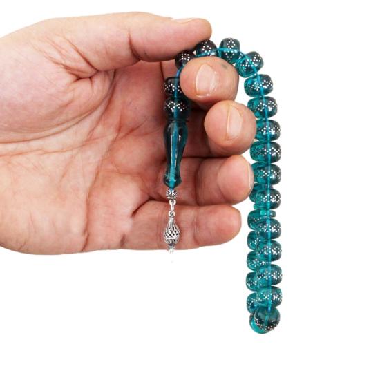 Gümüş Kakma İşlemeli Kesme Sıkma Kehribar Tesbih