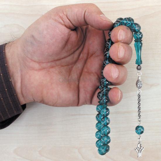 Gümüş Kakma İşlemeli Küre Kesim Sıkma Kehribar Tesbih