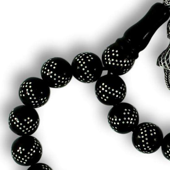 Gümüş Kakma Çift Sıra İşlemeli Oltu Tesbih Taş Menşei Gürcistan