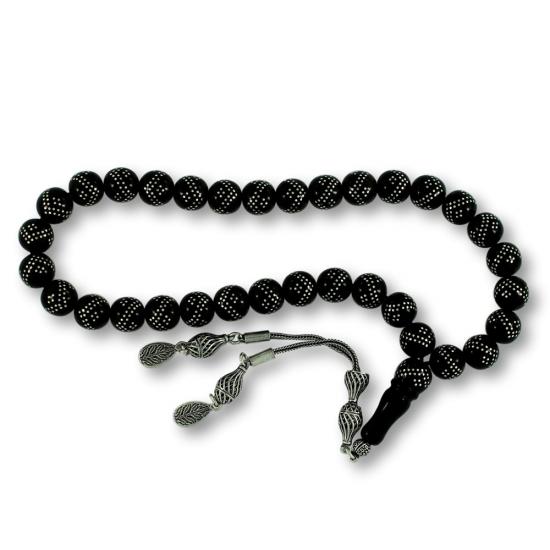 Gümüş Kakma Çift Sıra İşlemeli Oltu Tesbih Taş Menşei Gürcistan