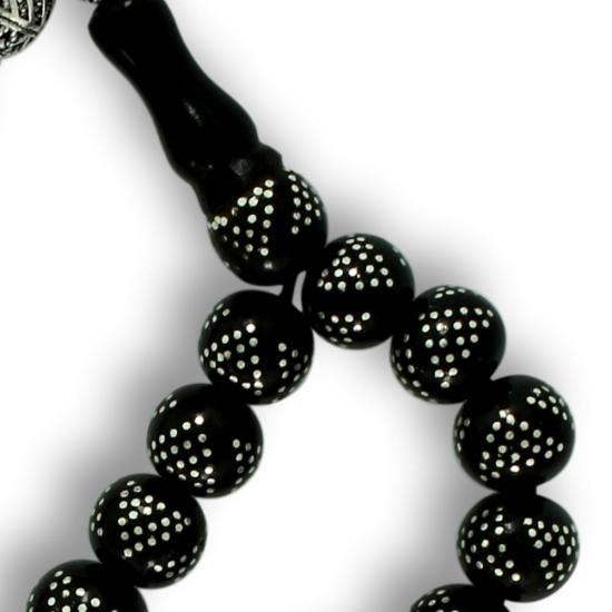 Yoğun Gümüş Kakma İşlemeli Piramit Desen Gürcistan Oltu Tesbih