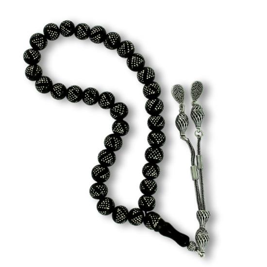 Yoğun Gümüş Kakma İşlemeli Piramit Desen Gürcistan Oltu Tesbih