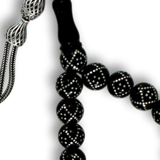 Gümüş Kakma İşlemeli Gürcistan Oltu Tesbih 9 mm