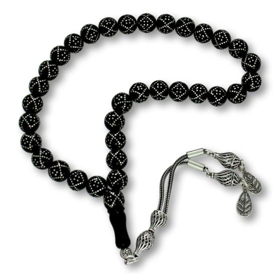 Gümüş Kakma İşlemeli Gürcistan Oltu Tesbih 9 mm