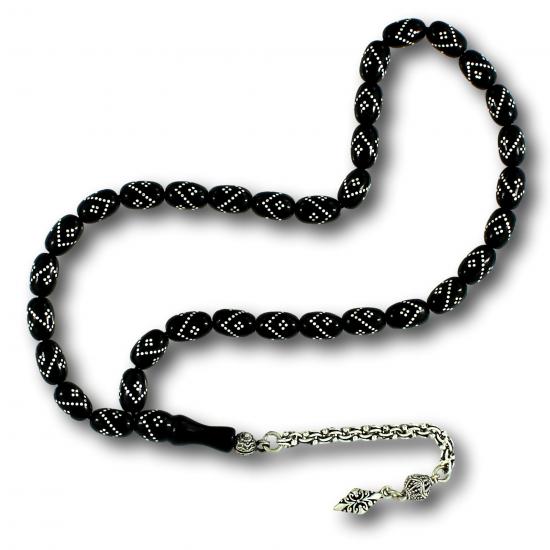 Oval Kesim Gümüş Kakma İşlemeli Gürcistan Oltu Tesbih