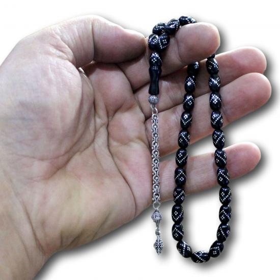 Oval Kesim Gümüş Kakma İşlemeli Gürcistan Oltu Tesbih