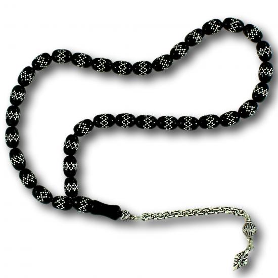 Oval Kesim Gümüş Kakma İşlemeli Gürcistan Oltu Tesbih