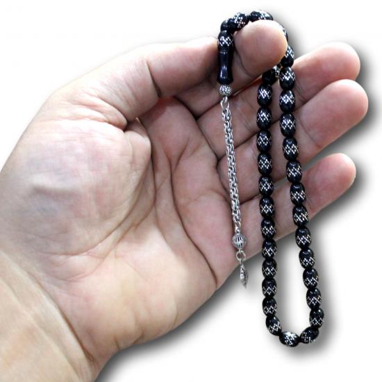 Oval Kesim Gümüş Kakma İşlemeli Gürcistan Oltu Tesbih