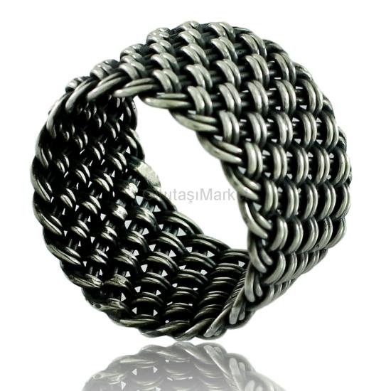 Tamamen El İşçiliği İspanyol Hasır Örgü Model Gümüş Erkek Yüzük