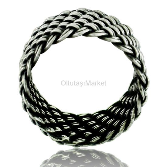 Tamamen El İşçiliği İspanyol Hasır Örgü Model Gümüş Erkek Yüzük