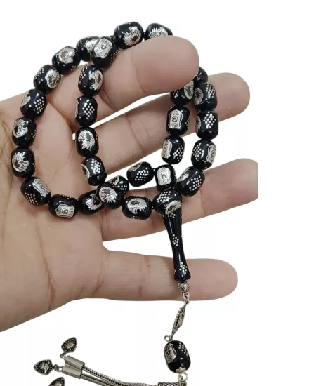  Koleksiyonluk Erzurum Oltu Taşı Tesbih Özel  İşlemeli Usta İşçilikli İri Taneli Tesbih 10,5x10,5 mm
