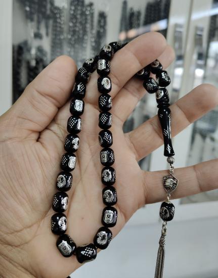  Koleksiyonluk Erzurum Oltu Taşı Tesbih Özel  İşlemeli Usta İşçilikli İri Taneli Tesbih 10,5x10,5 mm