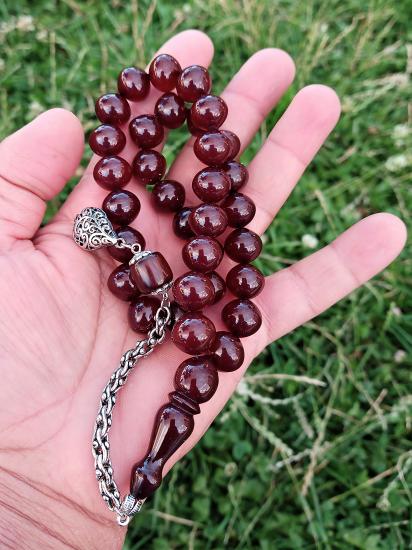 İri Taneli Şalgami Kesim Sıkma Kehribar Tesbih 925 Ayar Gümüş Püsküllü