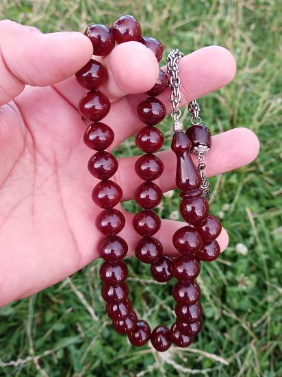 İri Taneli Şalgami Kesim Sıkma Kehribar Tesbih 925 Ayar Gümüş Püsküllü