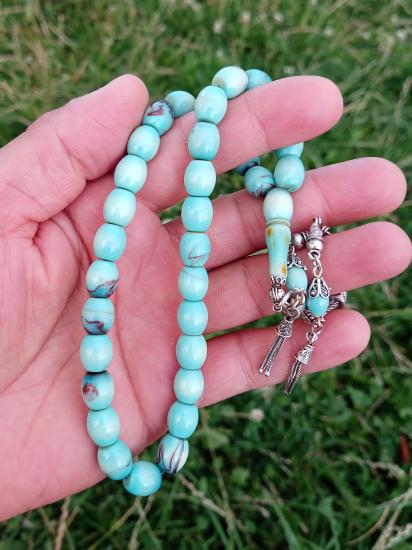 Usta İşçilikli Katalin Tesbih 925 Ayar Gümüş Püsküllü Firuze Renk