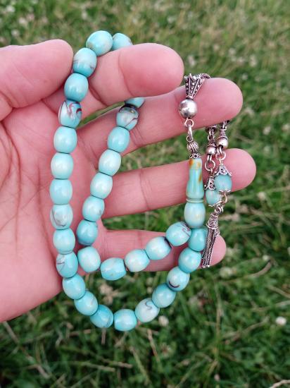 Usta İşçilikli Katalin Tesbih 925 Ayar Gümüş Püsküllü Firuze Renk