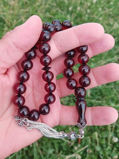 925 Ayar Gümüş Püsküllü İri Taneli Fırınlanmış Ateş Kehribar Tesbih 11,5 12 mm