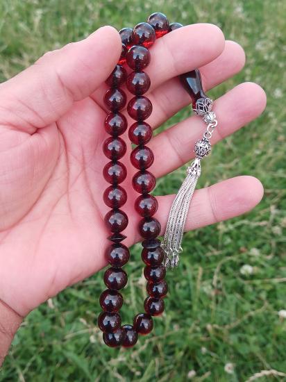 925 Ayar Gümüş Püsküllü İri Taneli Fırınlanmış Ateş Kehribar Tesbih 11,5 12 mm