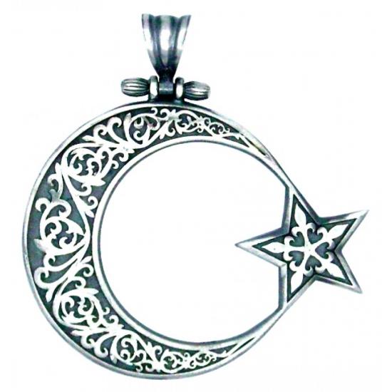 El İşi Gümüş Ay Yıldız Madalyon Tarzı Büyük Boy Kolye Ucu