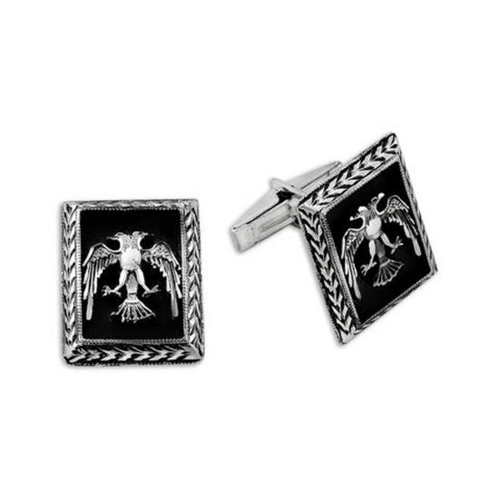 Çift Başlı Kartal Desenli El Yapımı Gümüş Kol Düğmesi