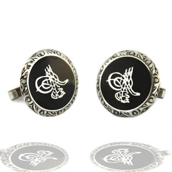 Tuğra Desenli El İşi Gümüş Kol Düğmesi