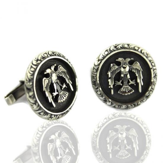 Çift Başlı Kartal Desenli El İşi Gümüş Kol Düğmesi