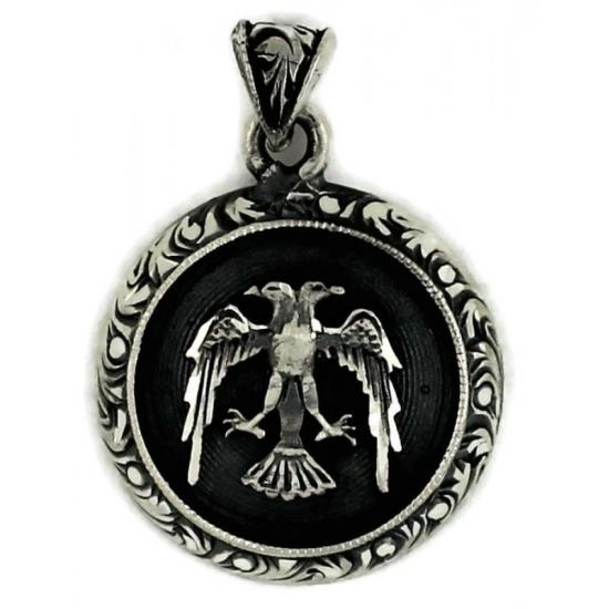 Çift Başlı Kartal Desenli El İşi Gümüş Erkek Kolye