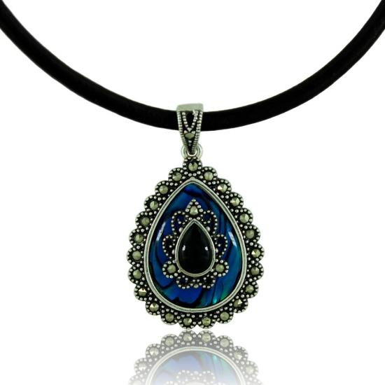 Oltu Okyanus Sedef Markazit Taşlı Bayan Gümüş Kolye