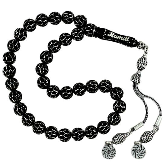 Gümüş Plakadan İsim Yazılı Özel Petek İşlemeli Hakiki Erzurum Oltu Taşı Tesbih