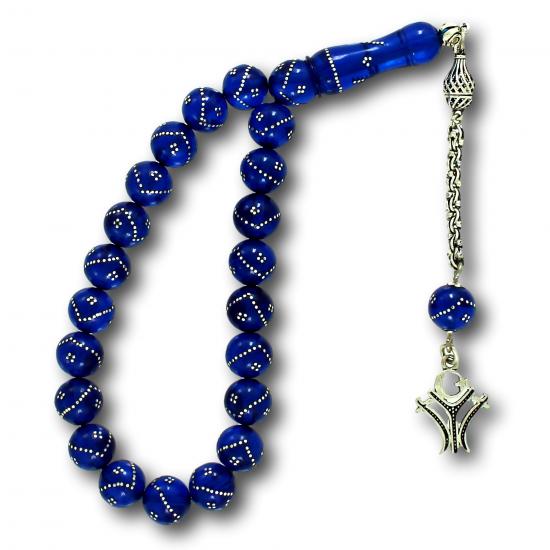 Parlıament Mavisi Gümüş Kakma İşlemeli Küre Kesim Ateş Kehribar Efe Tesbih Tesbih 10 mm