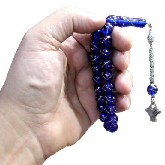 Parlıament Mavisi Gümüş Kakma İşlemeli Küre Kesim Ateş Kehribar Efe Tesbih Tesbih 10 mm