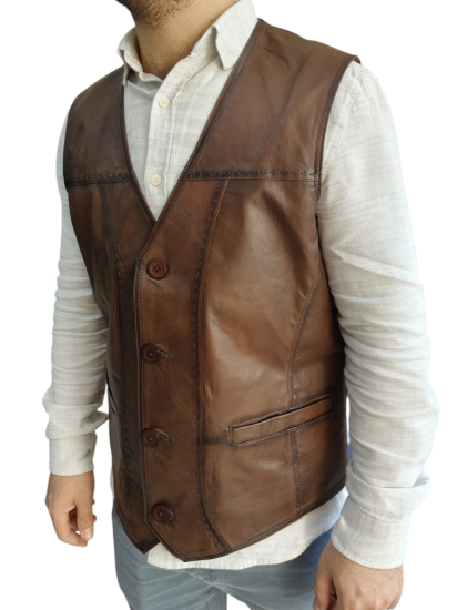 Gerçek Deri Erkek Yelek El Yapımı Erkek Yeleği Kahve