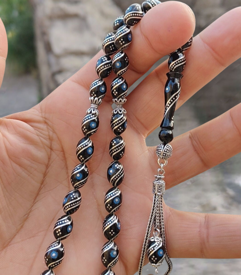 925 Ayar Gümüş Püsküllü Özel Tasarım Firuze Ve Karpuz Işlemeli Erzurum Oltu Taşı Tesbih